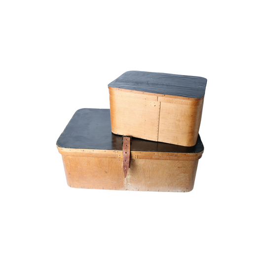 Vintage Wooden Hat Boxes | Spun Wood Construction | Leather Strap | 1900-1930 |