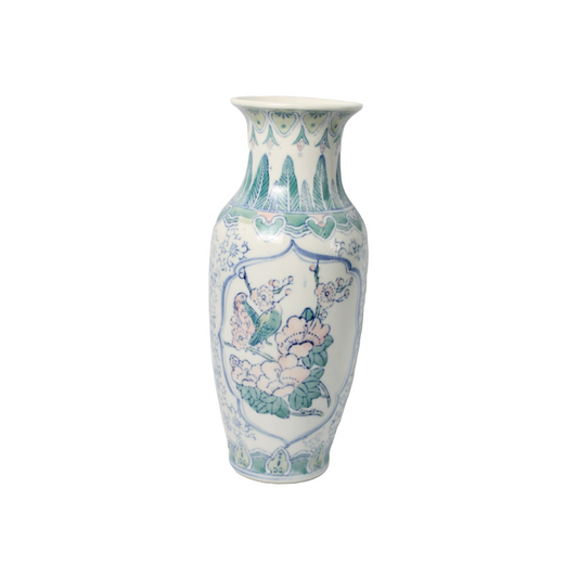 Vintage Porcelain Vase with Floral and Bird Motif – 30 cm Tall – Elegant Decorat
