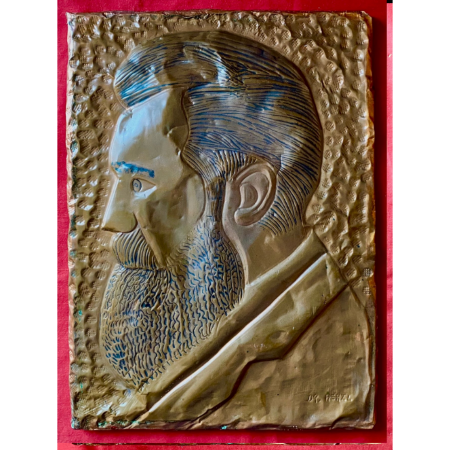 Antique Embossed Copper Plaque of Dr. Theodor Herzl, Founder of the Zionist Move