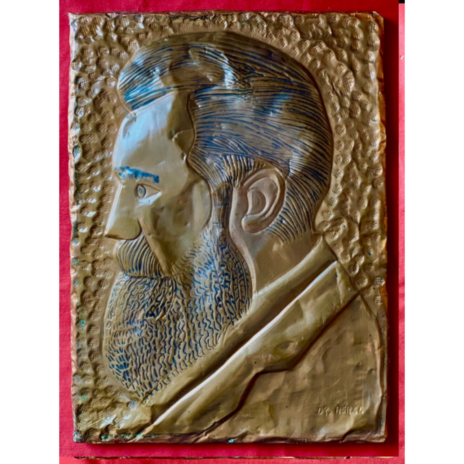 Antique Embossed Copper Plaque of Dr. Theodor Herzl, Founder of the Zionist Move