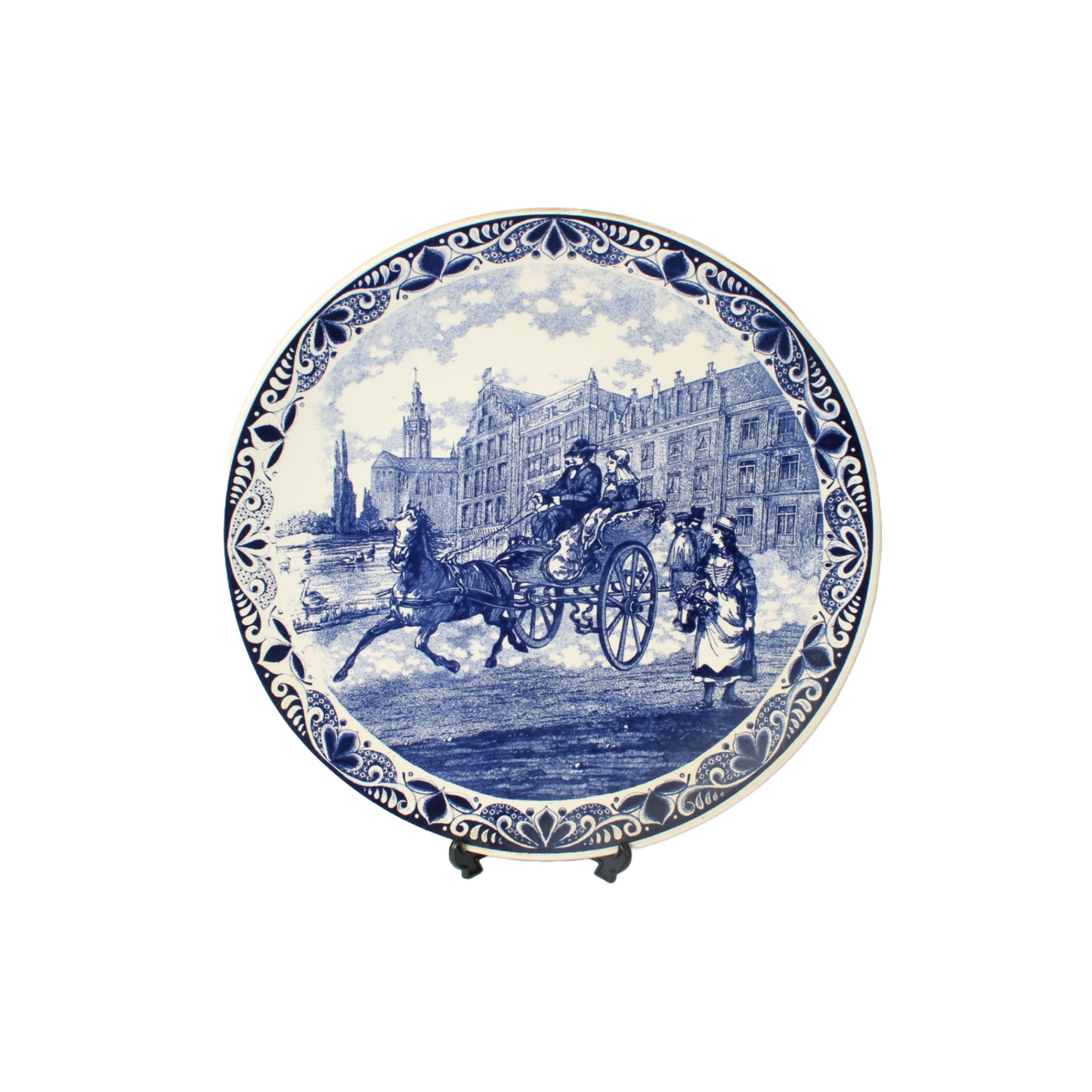 Large Hand-Painted Chemkefa Delft Blue Wall Plate - Horse & Carriage Scene, 38cm