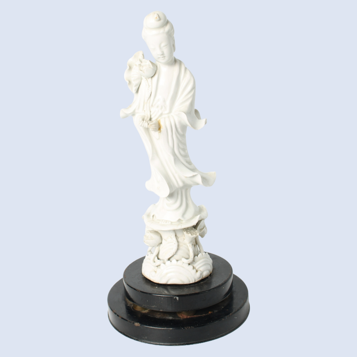 White Porcelain Guanyin Figure on Wooden Base, ca. 1920–1940, Blanc de Chine