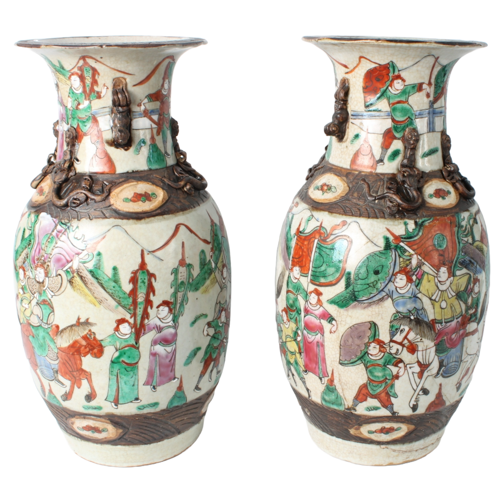 Rare Pair of Antique Chinese Temple Vases in Porcelain with Warrior and Relief