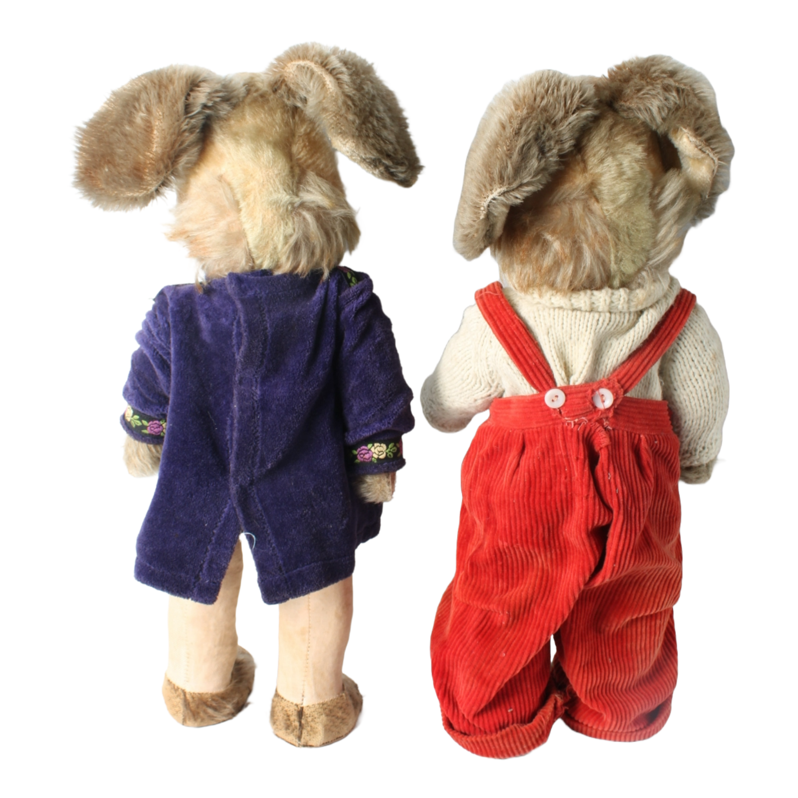 Antique Pair of Rabbit Dolls – Handmade Fabric Outfits – Rare Collectible Toy