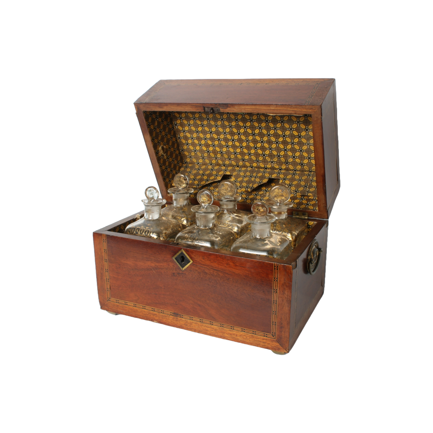 Antique mahogany liquor chest with six hand-blown gilded glass decanters