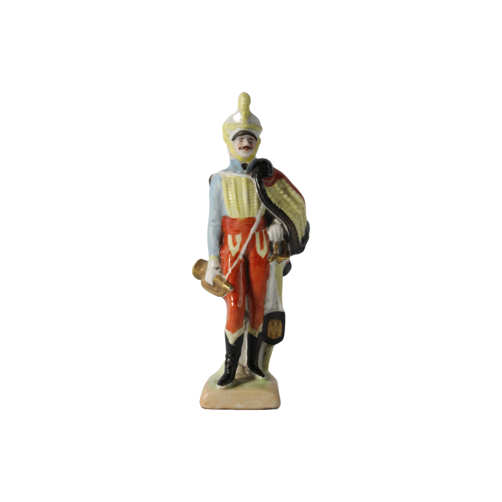 Antique Porcelain Cavalry Trumpeter Figurine in Colorful 19th Century Uniform,