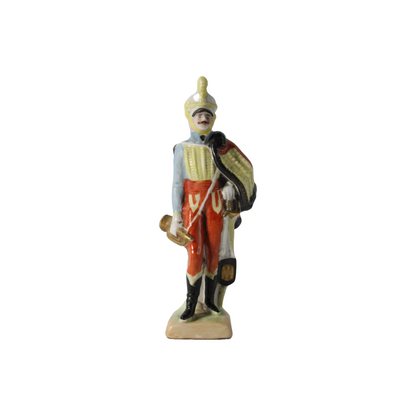 Antique Porcelain Cavalry Trumpeter Figurine in Colorful 19th Century Uniform,