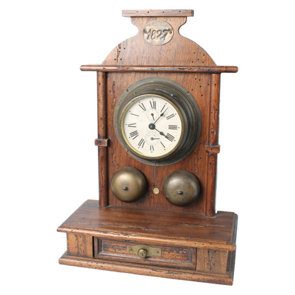 Antique Wooden Mechanical Alarm Clock with Double Bell, Drawer and Pendulum