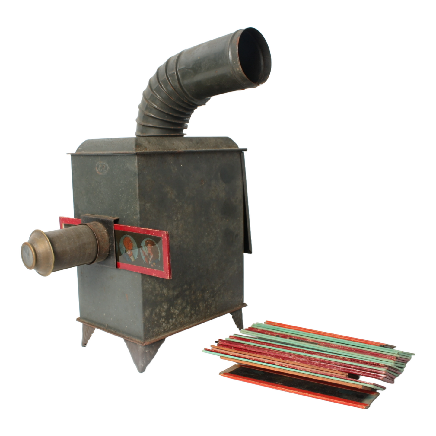 Antique Magic Lantern with Glass Slides, 19th Century Oil Lamp Projector