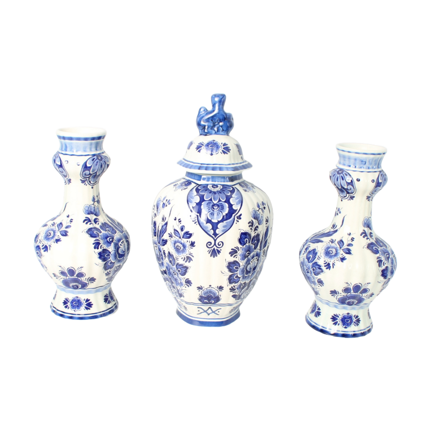 Hand-Painted Delft Blue Vase Set by Flora/Royal Goedewaagen, Mid-20th Century,