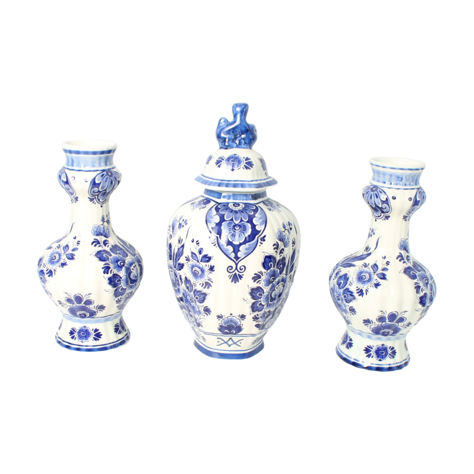 Hand-Painted Delft Blue Vase Set by Flora/Royal Goedewaagen, Mid-20th Century,