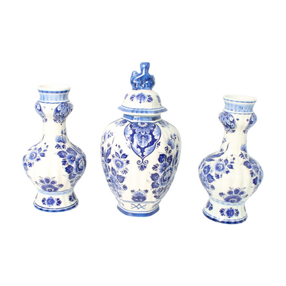 Hand-Painted Delft Blue Vase Set by Flora/Royal Goedewaagen, Mid-20th Century,