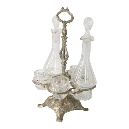 Antique French Silver-Plated Cruet Set with Crystal Bottles, Circa 1880-1900
