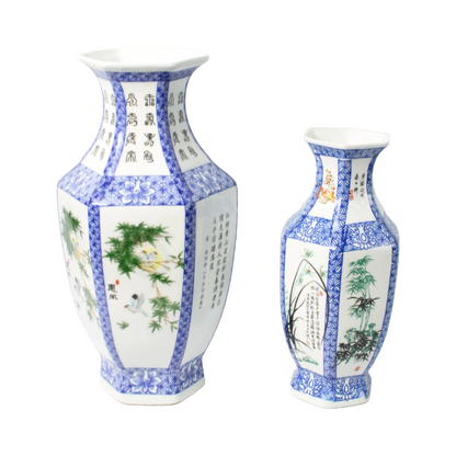 Set of Two Chinese Porcelain Vases - Beautiful Hand-Painted Flowers and Poems