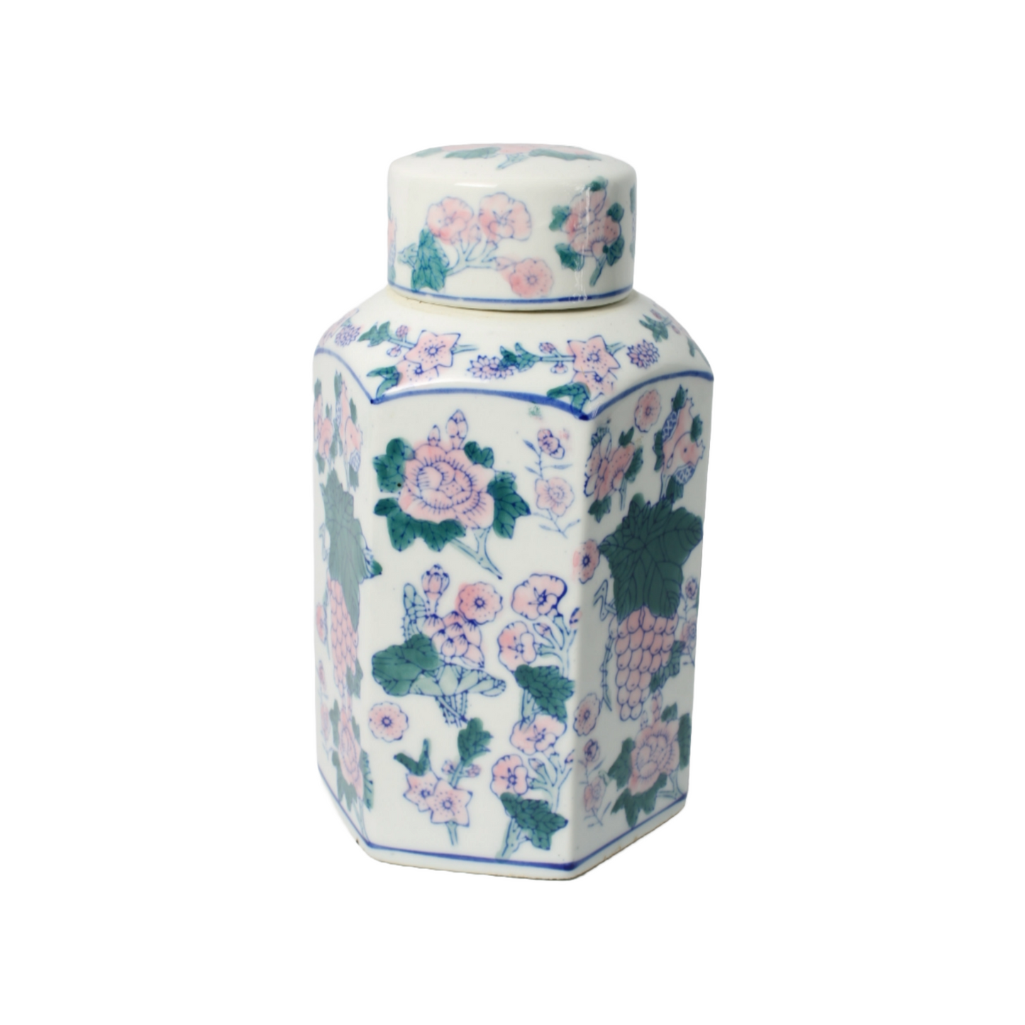 Vintage Chinese Porcelain Tea Caddy | Hand-Painted Floral and Grape Design |