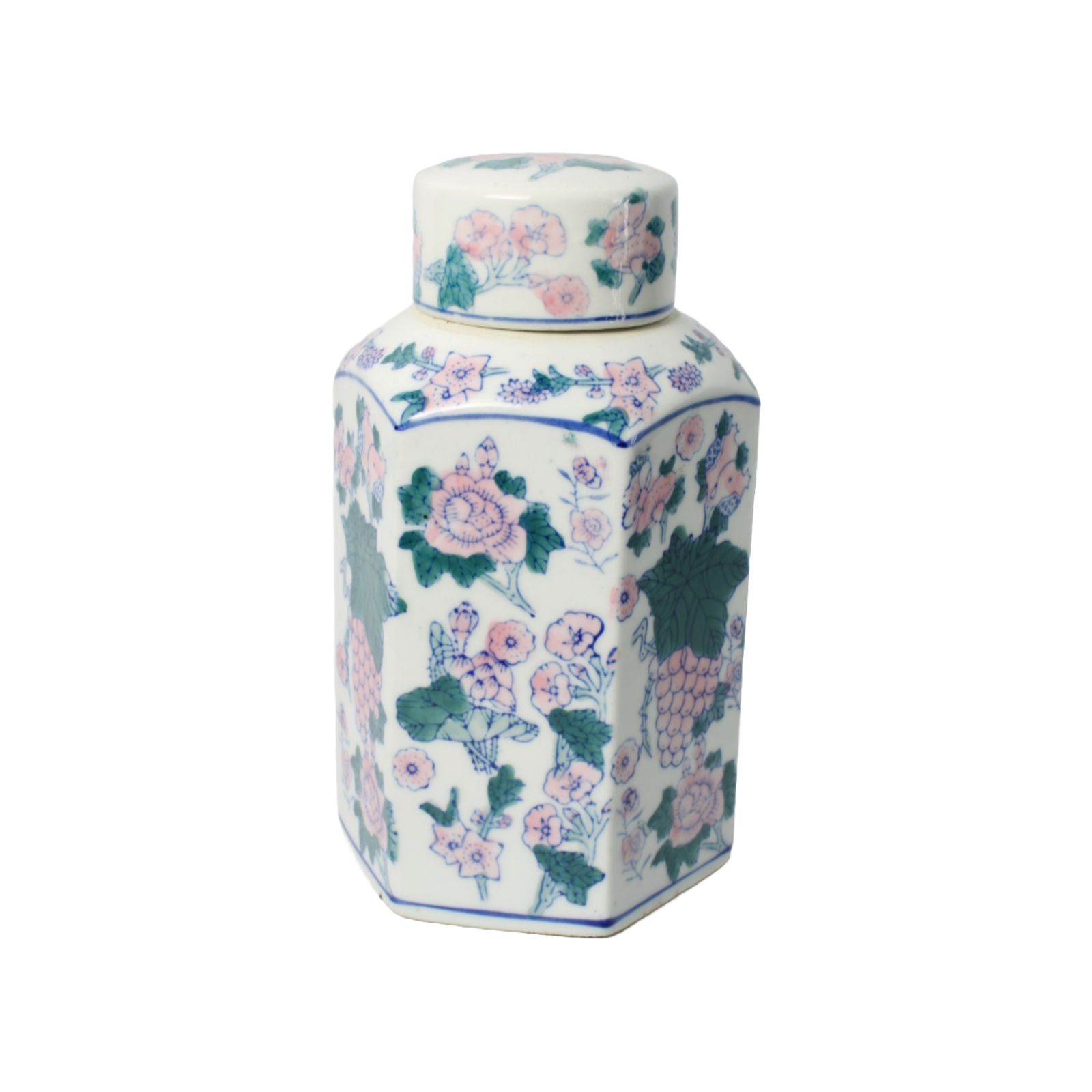 Vintage Chinese Porcelain Tea Caddy | Hand-Painted Floral and Grape Design |