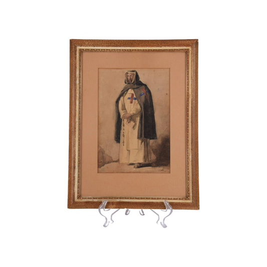 19th Century Watercolor of a Trinitarian Monk with Red-Blue Cross | Framed
