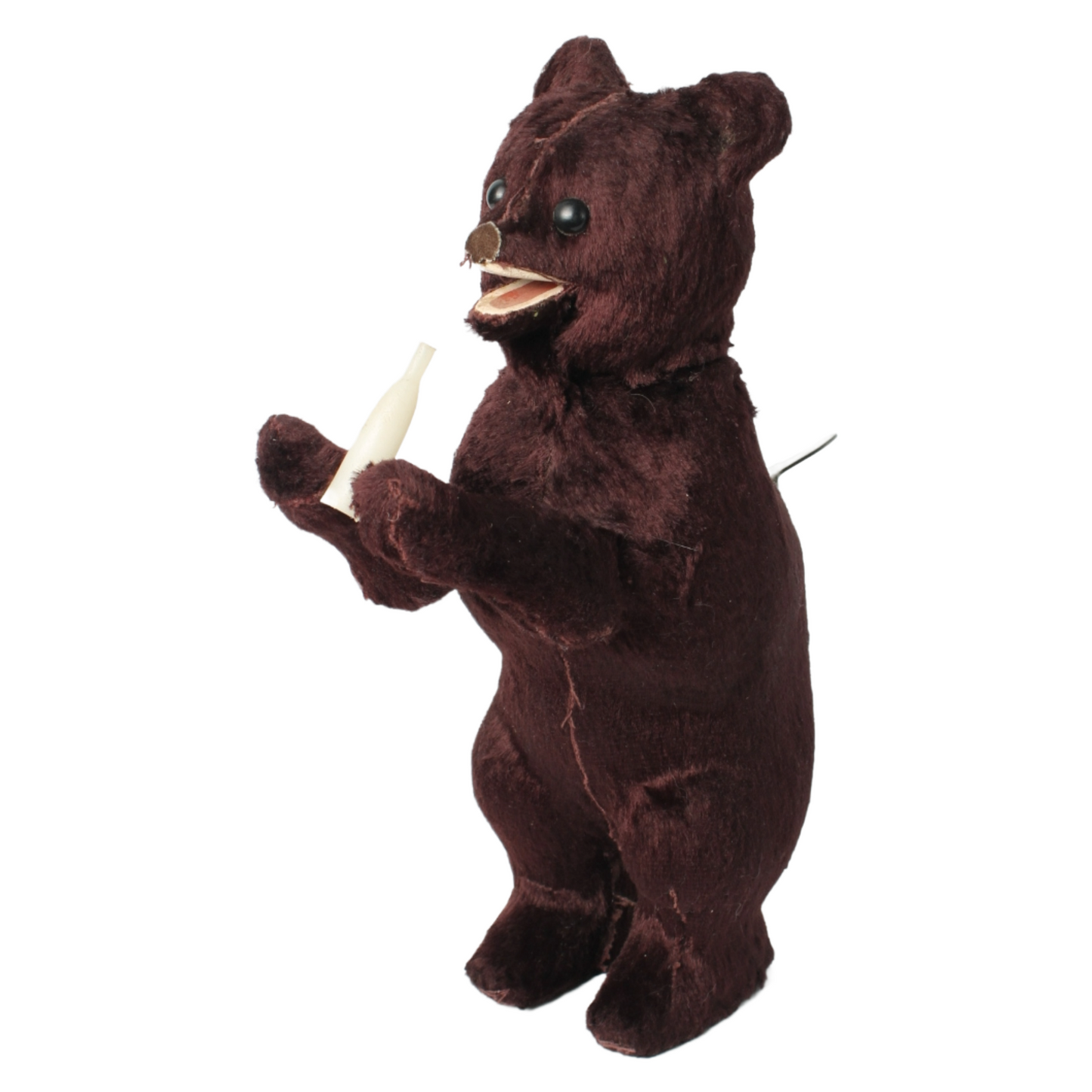 Mechanical Wind-Up Bear with Bottle c. 1930–1960 | Dark Brown Plush Toy Bear