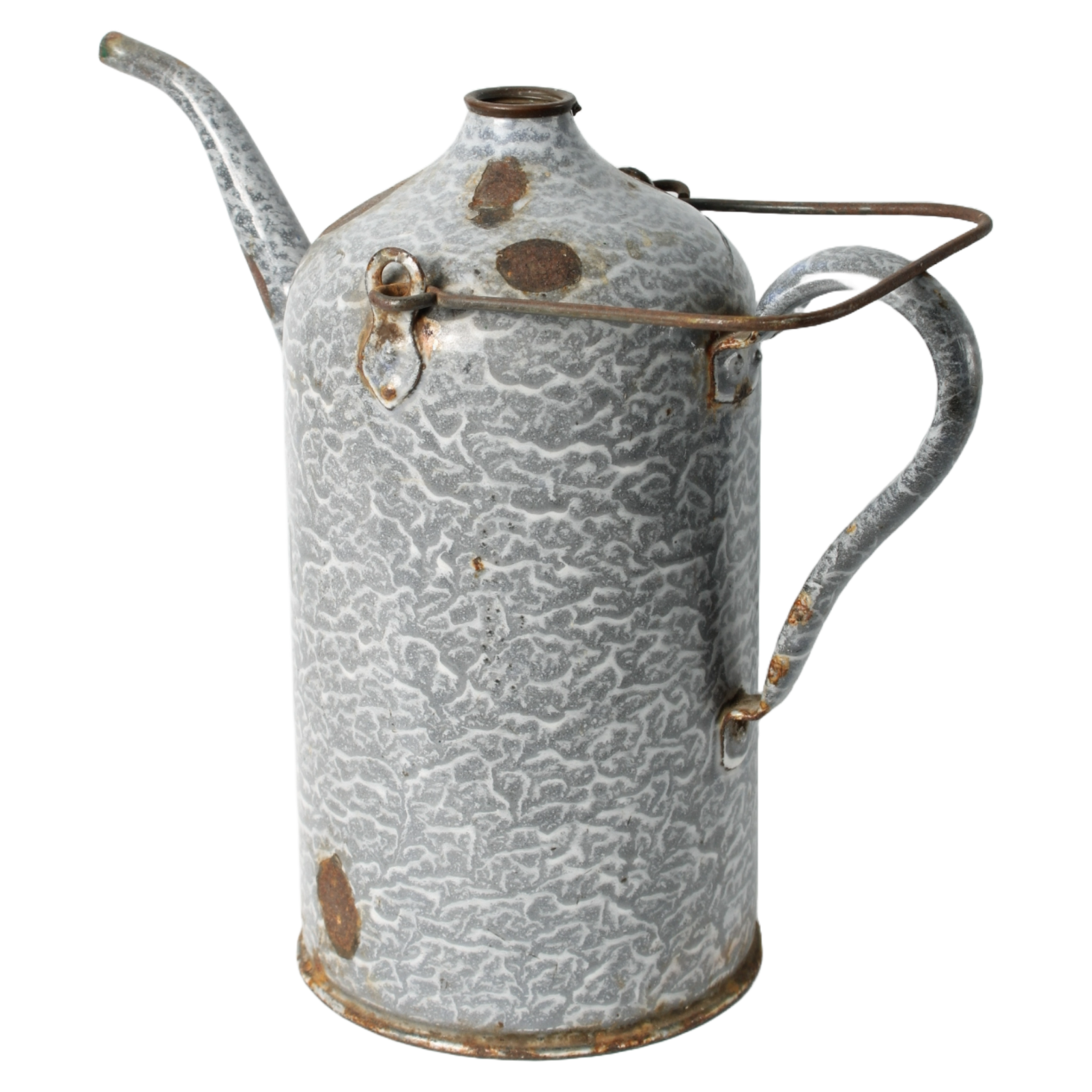 Vintage Enamel Petroleum Can 2 Liter, Gray Marbled Design, Early 20th Century
