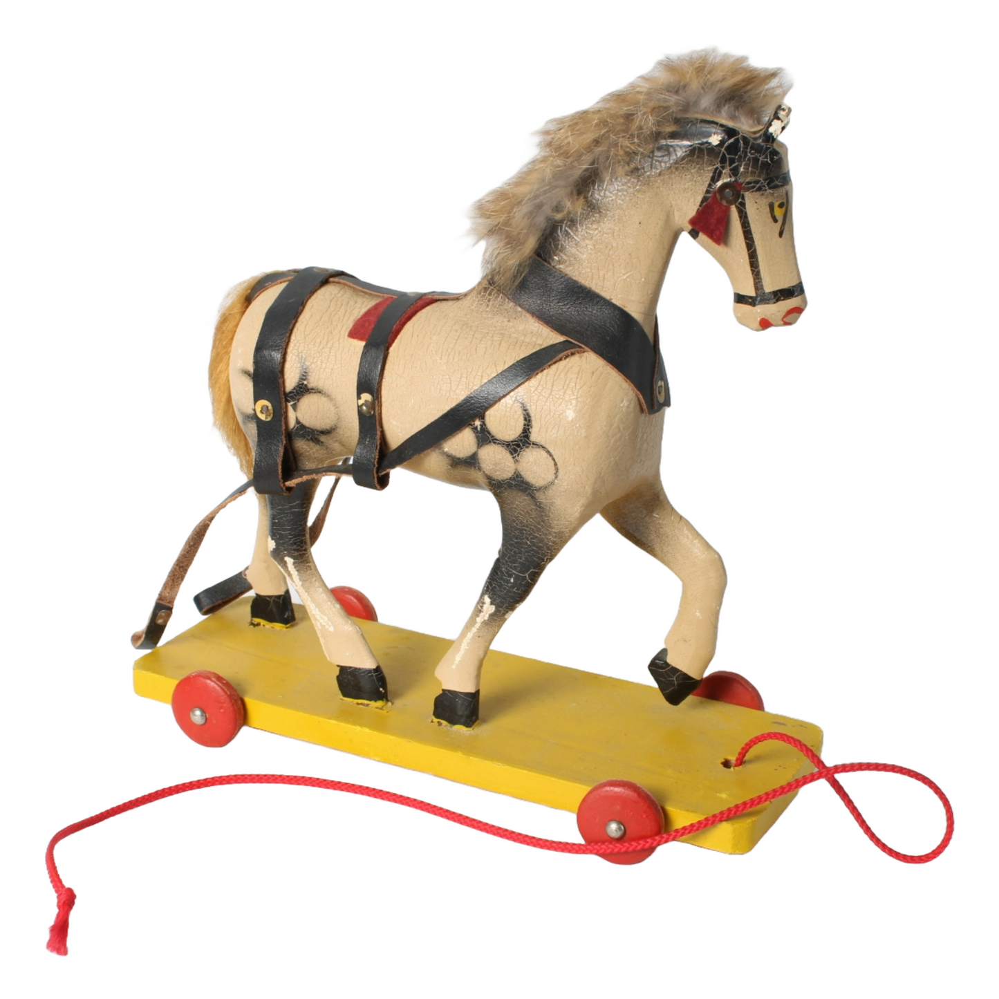 Vintage Handcrafted Wooden Horse Pull Toy on Wheels, 1940s-1950s, Antique