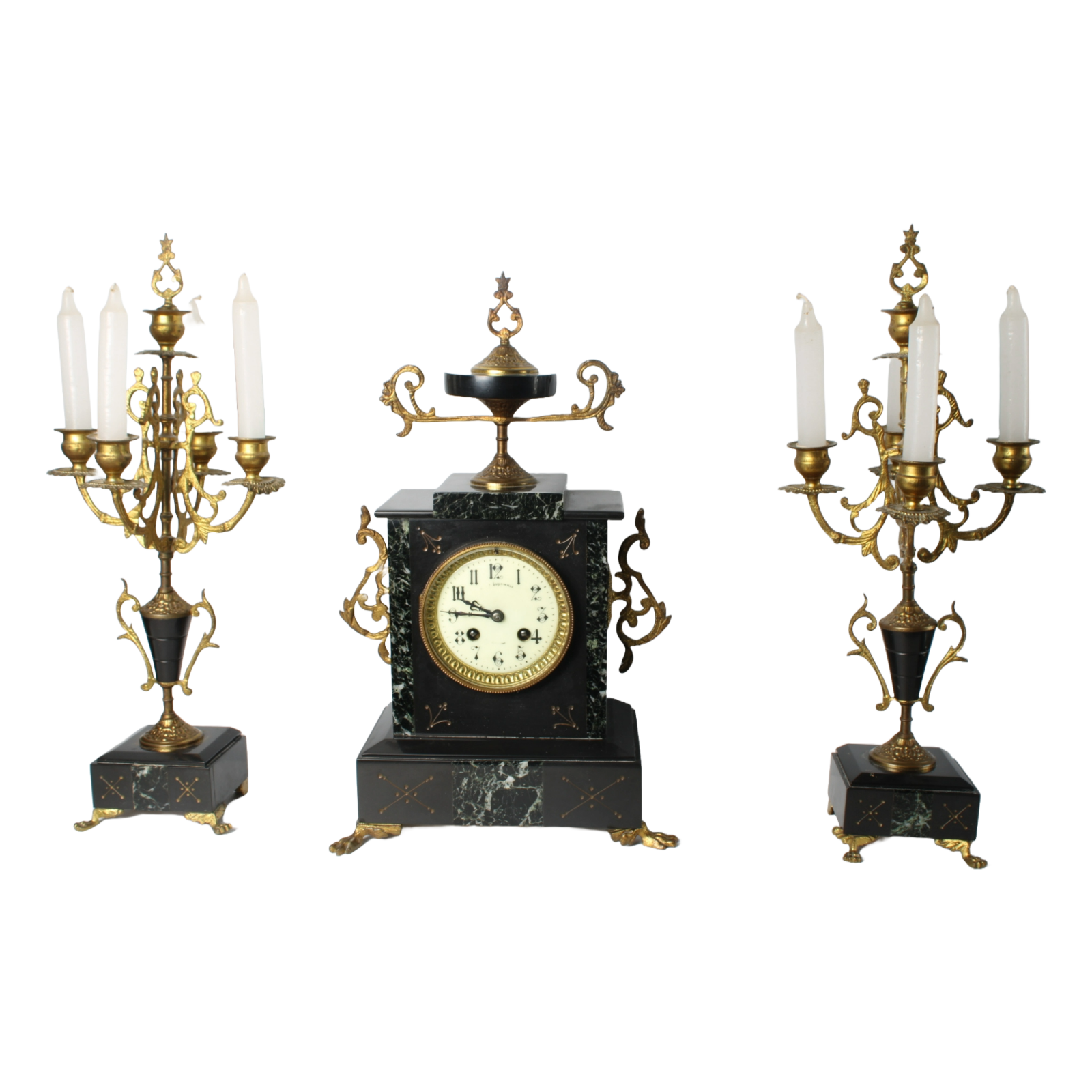 Exclusive Antique Mantel Clock Set with Candelabras by "Gussinklo Utrecht"