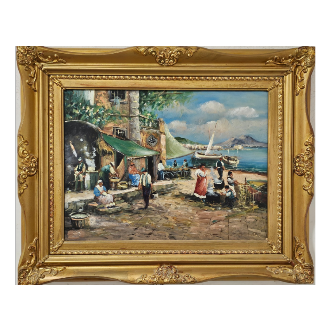 Original Italian Coastal Painting "Marina di Napoli" by Franco Sannino
