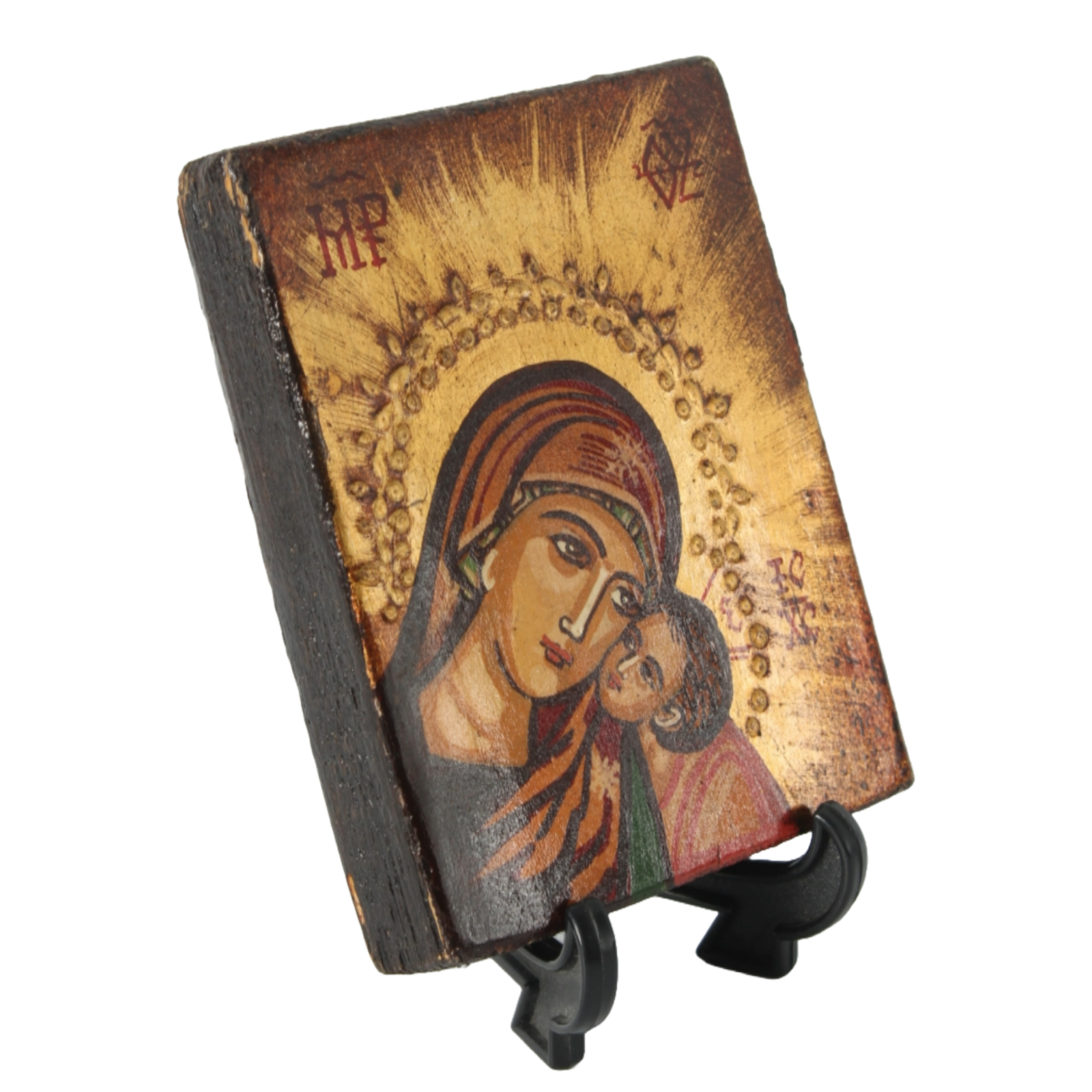 Hand-Painted Orthodox Icon of Virgin Mary and Child, Made in Romania, 12.5x10 cm