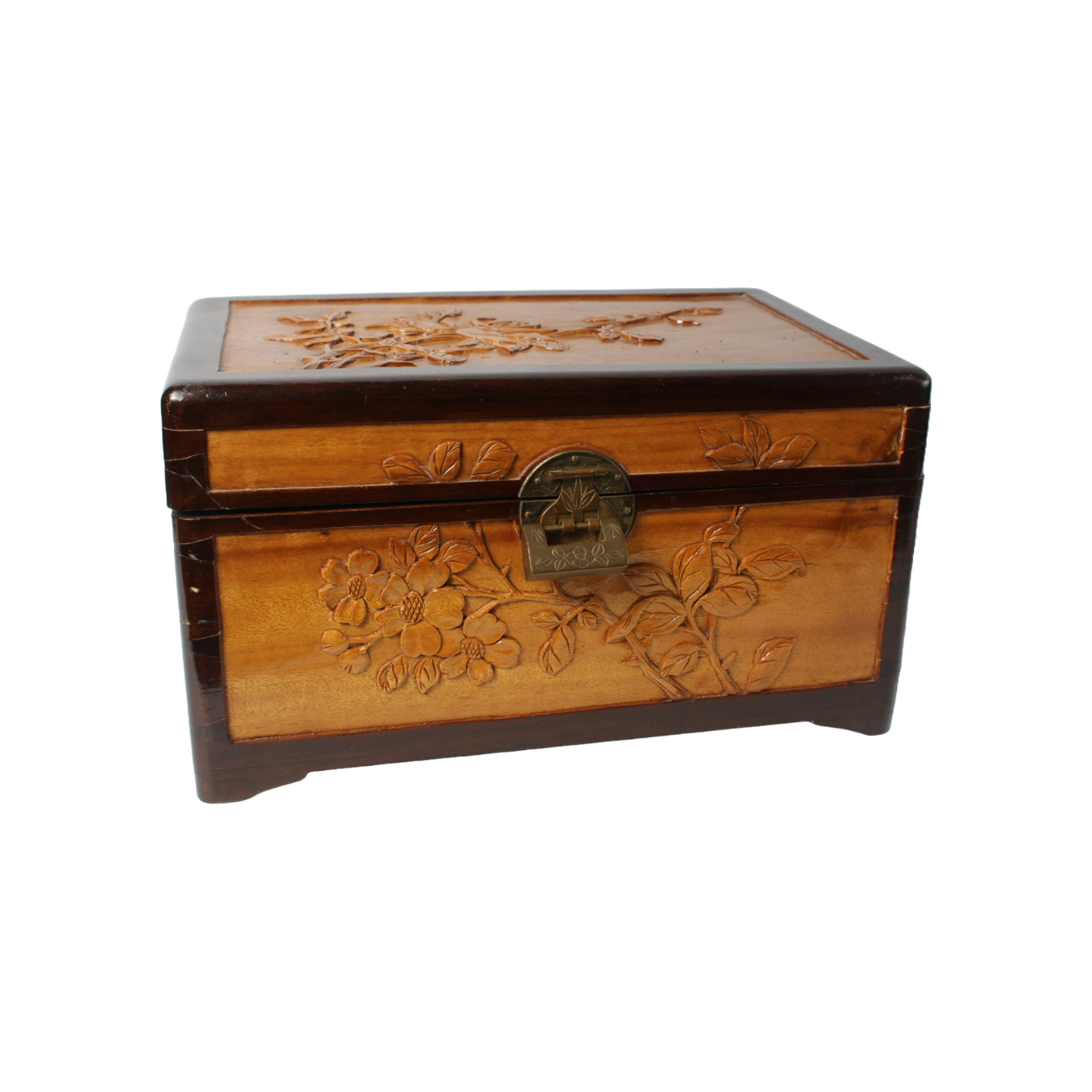 Antique Japanese Hand-Carved Wooden Box - 18x30x19 cm - Beautiful Patina, Minor