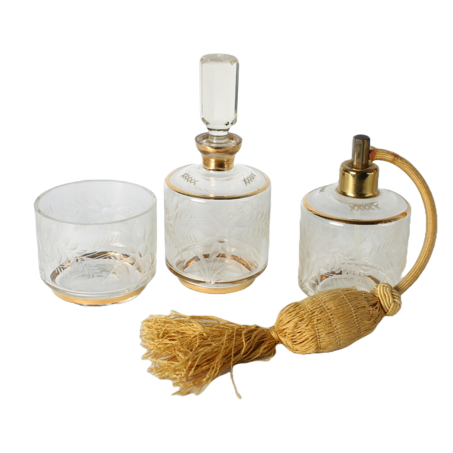 Antique Art Deco Perfume Set | Etched Glass with Gilding | Luxury Vanity