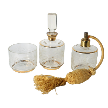 Antique Art Deco Perfume Set | Etched Glass with Gilding | Luxury Vanity