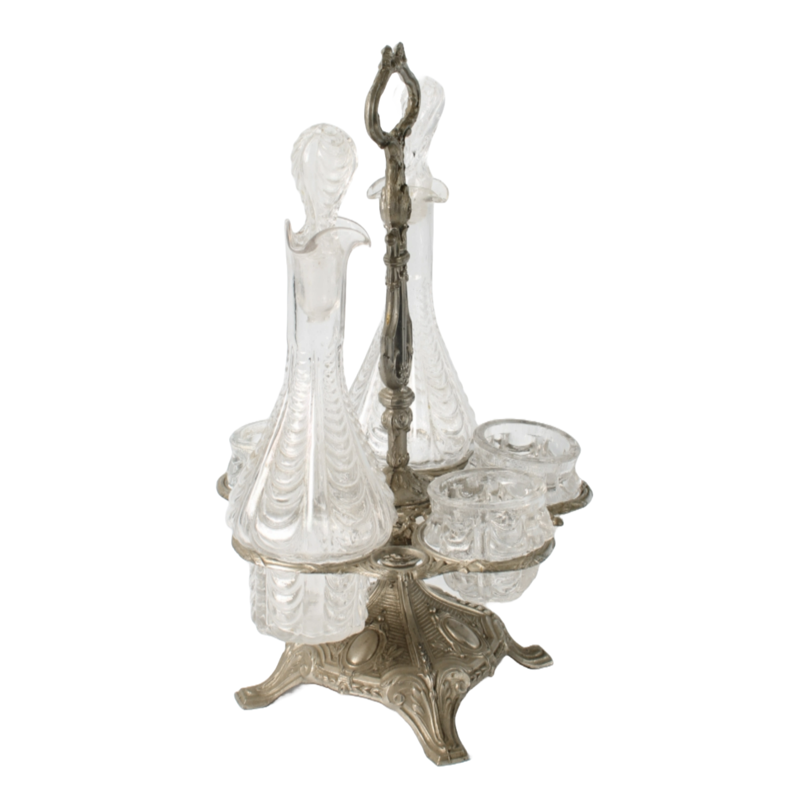 Antique French Silver-Plated Cruet Set with Crystal Bottles, Circa 1880-1900