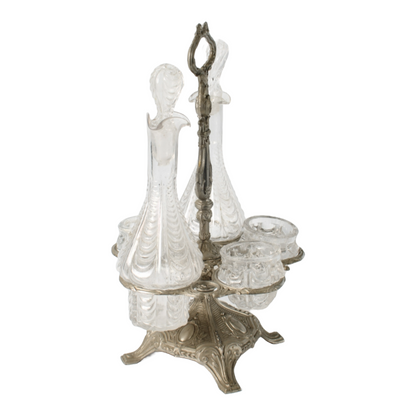Antique French Silver-Plated Cruet Set with Crystal Bottles, Circa 1880-1900