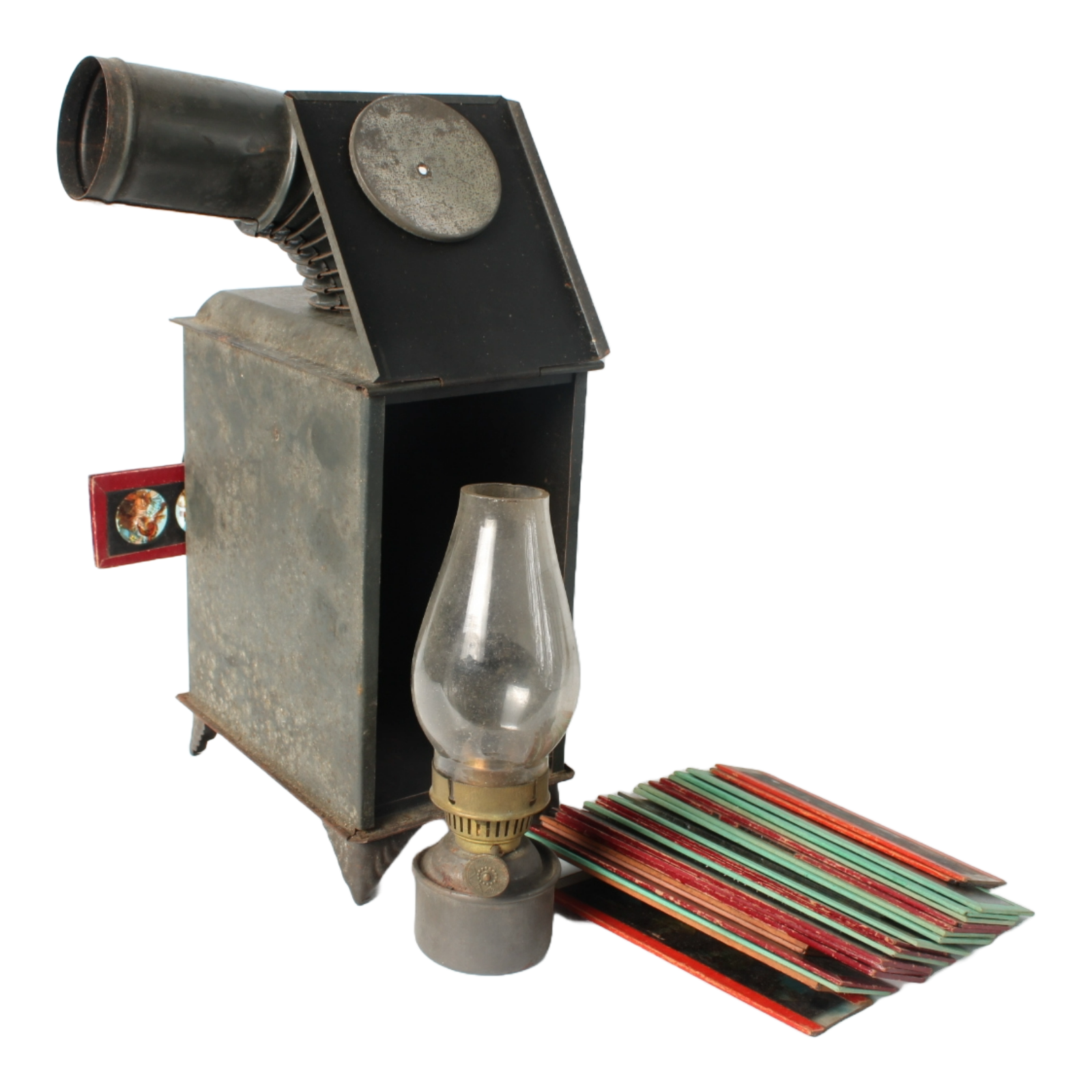 Antique Magic Lantern with Glass Slides, 19th Century Oil Lamp Projector