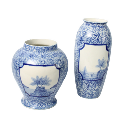Set of 2 Blue Delft Vases with Landscape Design