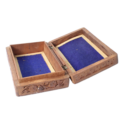 Hand-Carved Wooden Jewelry Box from India with Floral Relief and Inlaid Panel