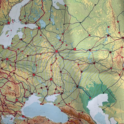 Vintage Eastern Europe School Map from 1970 on Canvas with Wooden Rods
