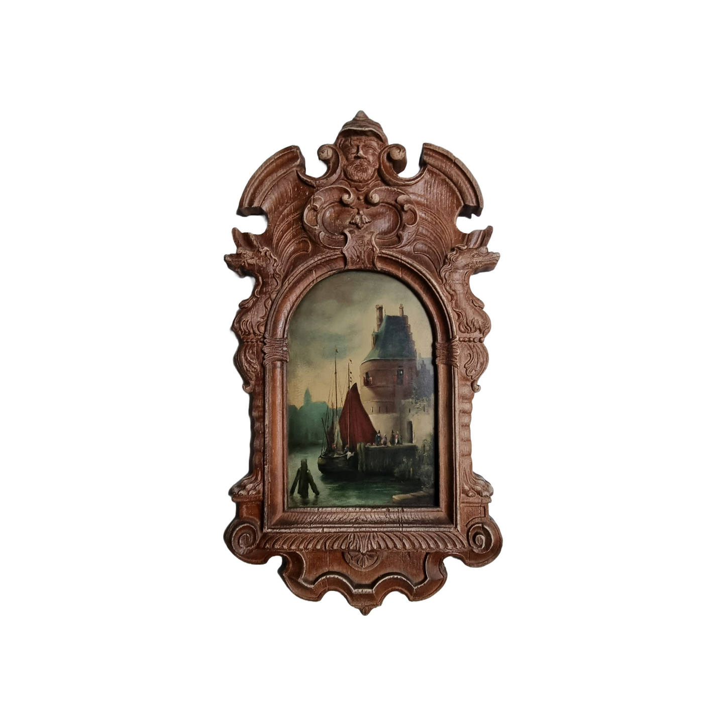 Antique Wooden Mirror Panel with Hidden Painting – Dutch Harbor Scene