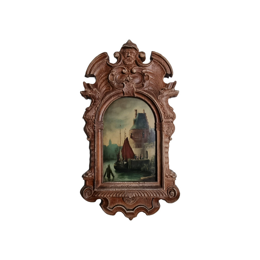 Antique Wooden Mirror Panel with Hidden Painting – Dutch Harbor Scene