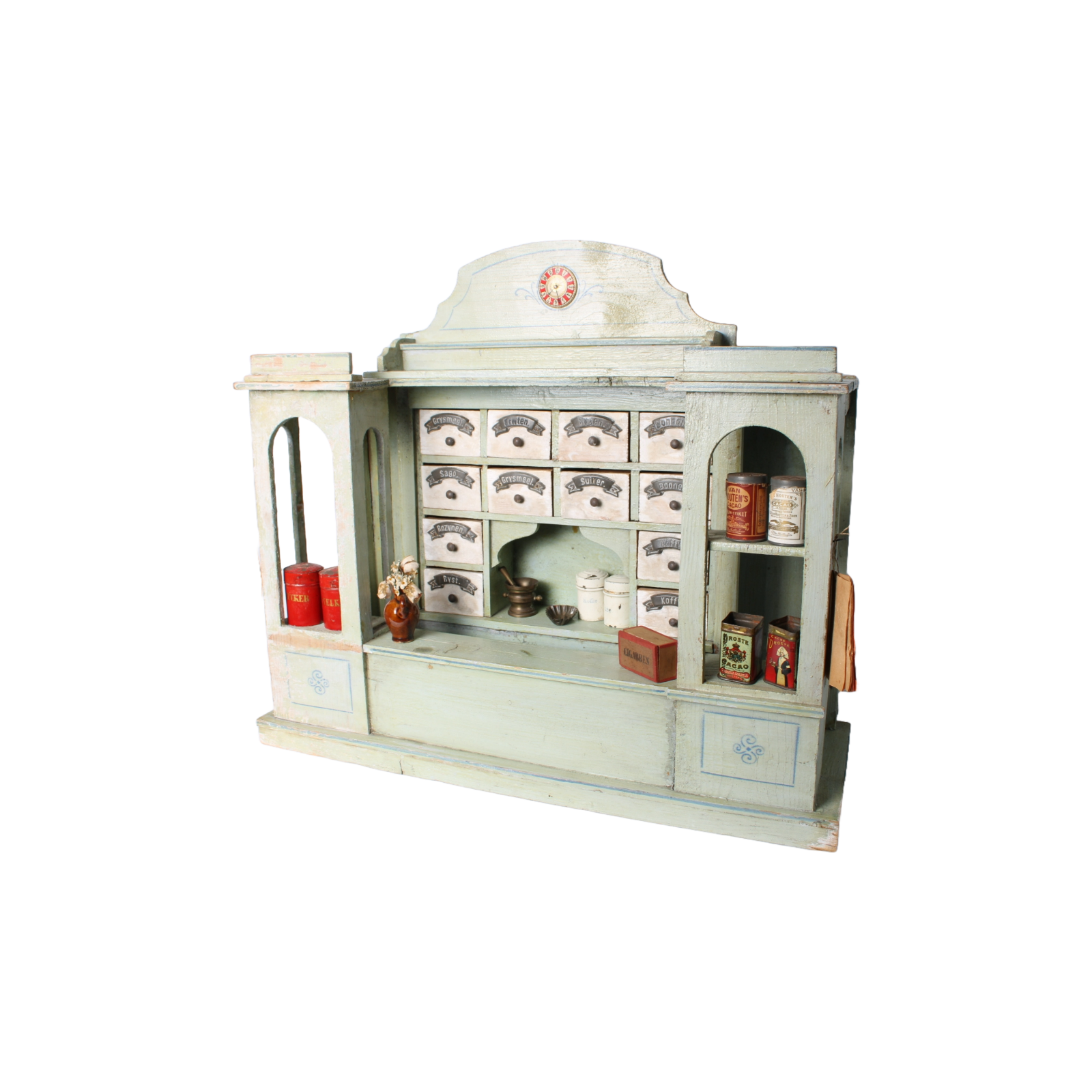 Antique Wooden Toy Grocery Store ca. 1900 with Original Drawers, Tins and Labels