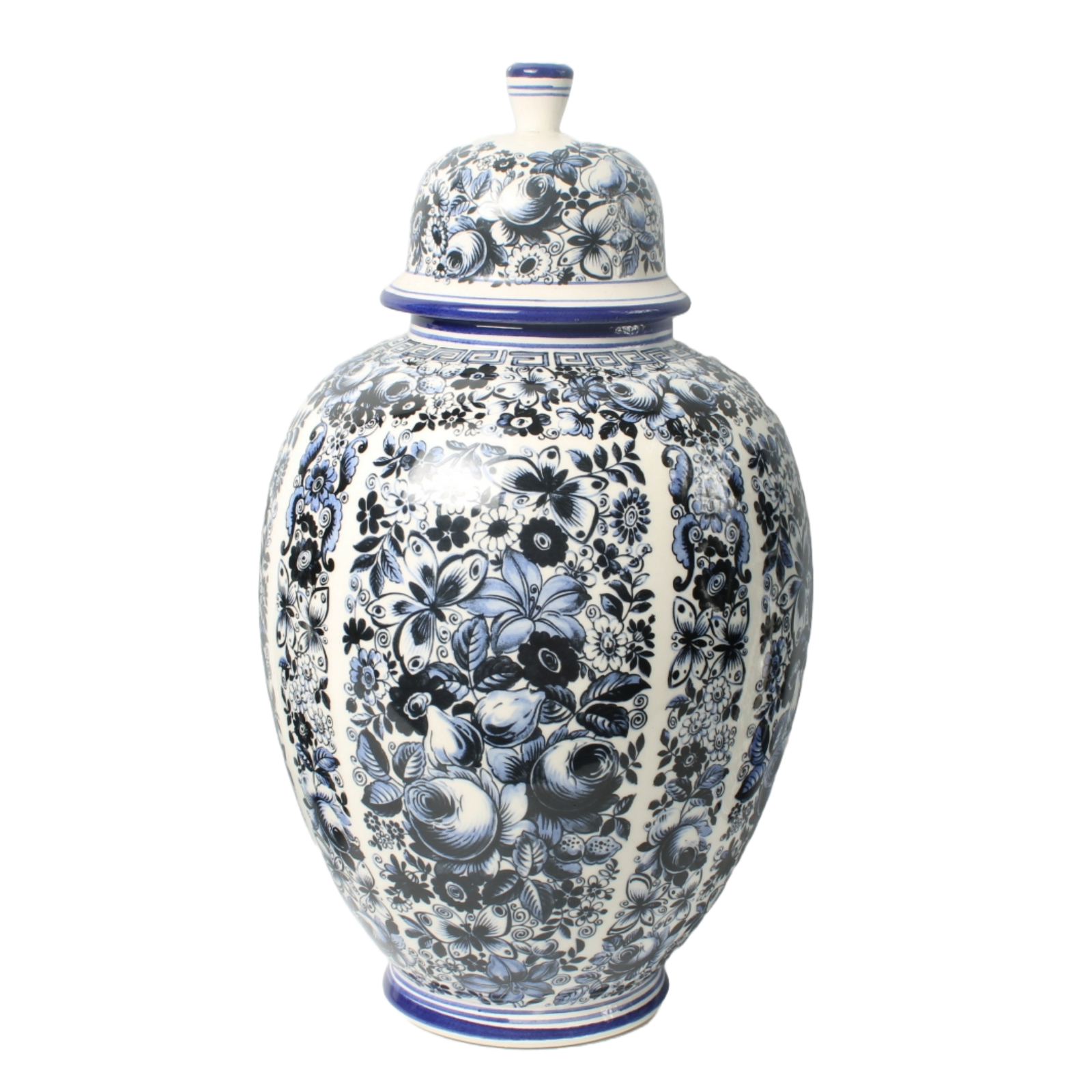 Set of Three Delft Blue Vases with Lidded Vase, Traditional Floral Motifs