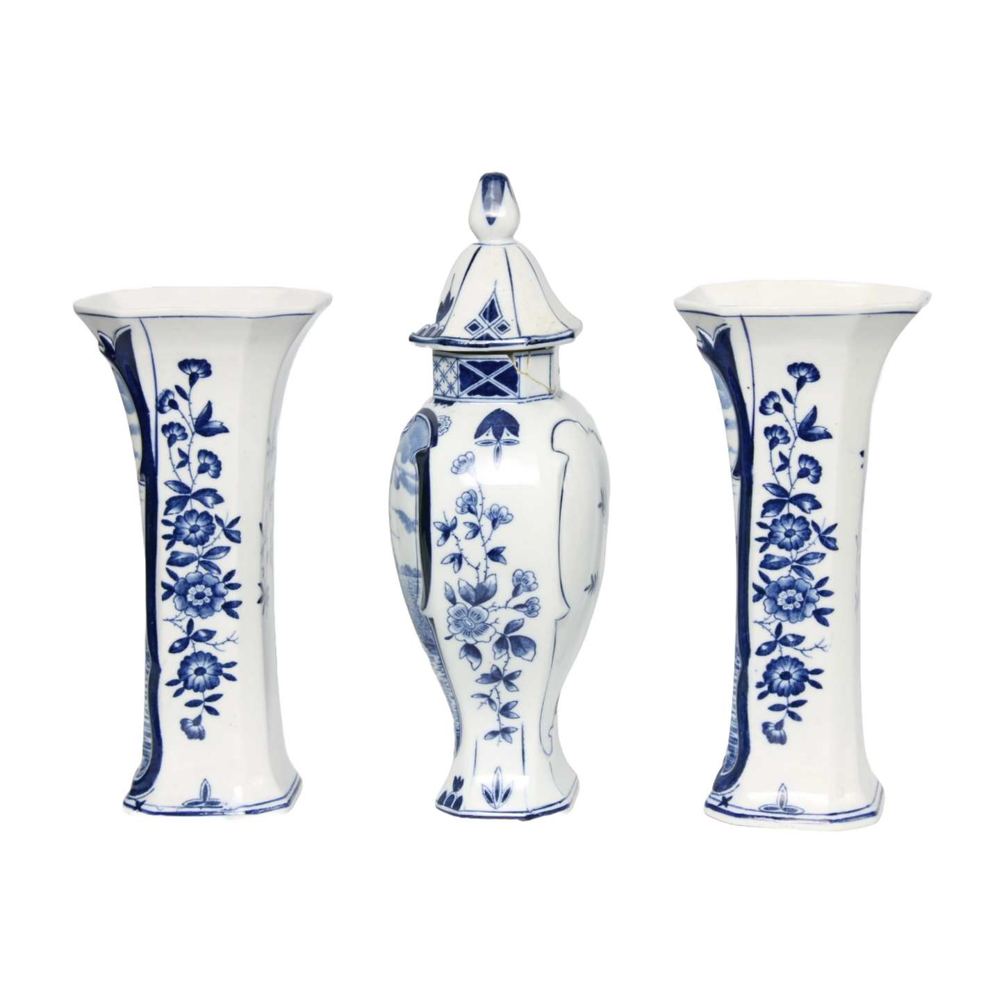 Beautiful 1950s Delft Blue Garniture Set - Set of 3 Pieces