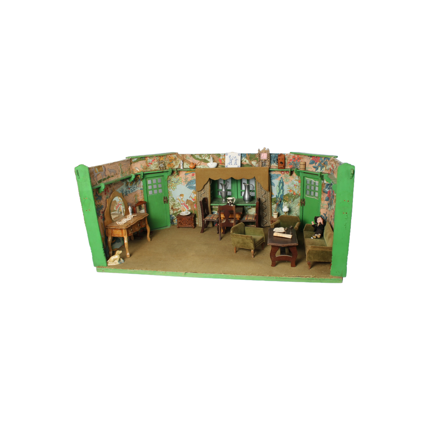 Antique Green Dollhouse Room ca. 1935–1950 | Detailed Miniature Living Room