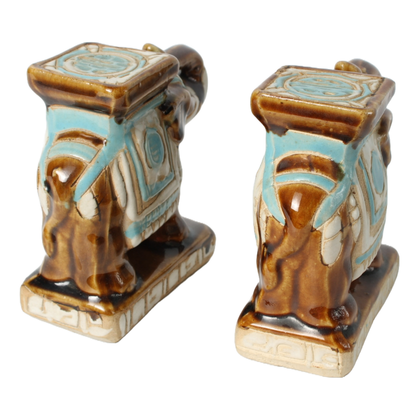 Set of 2 Vintage Ceramic Elephant Figurines with Hand-Painted Blue and Brown