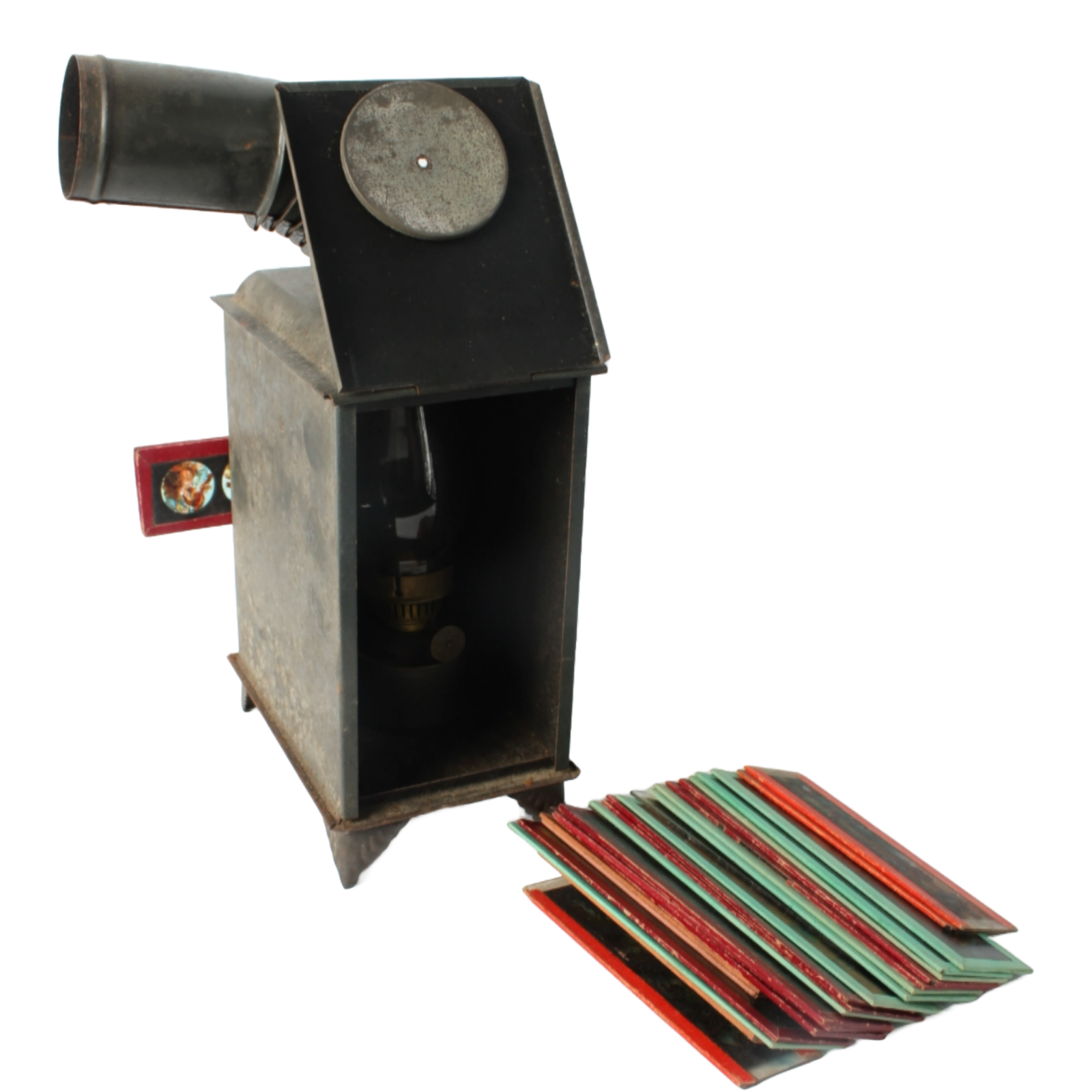 Antique Magic Lantern with Glass Slides, 19th Century Oil Lamp Projector