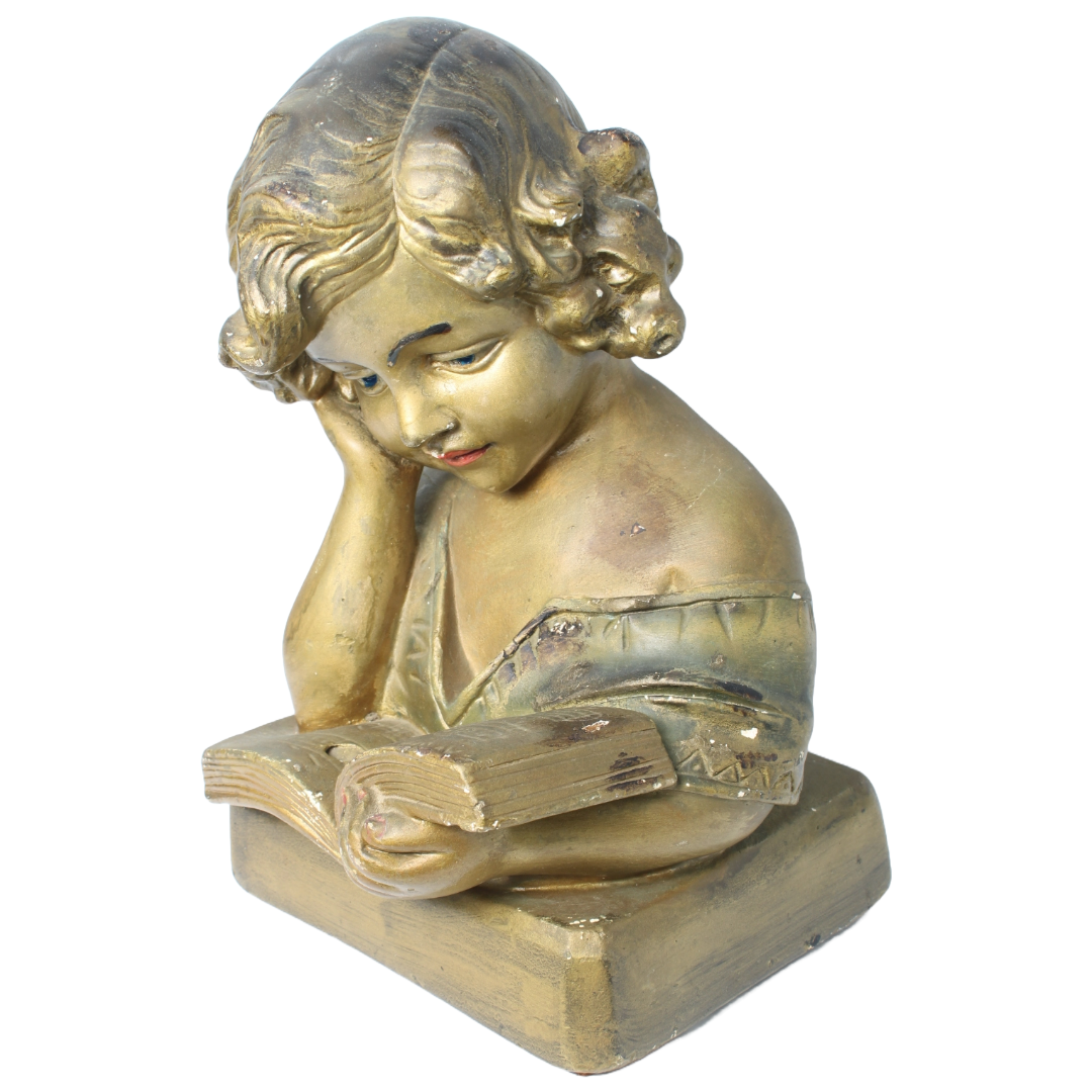Antique Sculpture of Reading Girl ca. 1920-1940 | Gilded Plaster Composite |
