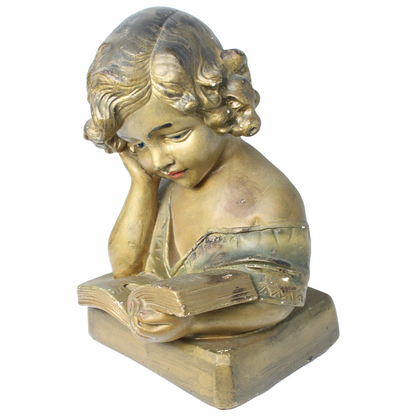 Antique Sculpture of Reading Girl ca. 1920-1940 | Gilded Plaster Composite |