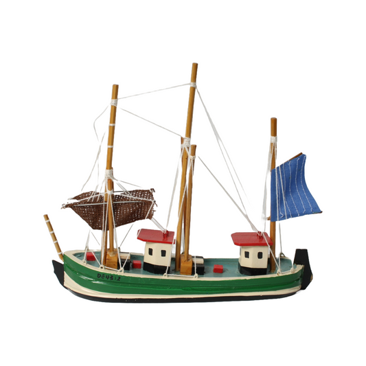 Vintage Wooden Model Ship - Handcrafted Fisherman Boat - Maritime Decor - 17 cm