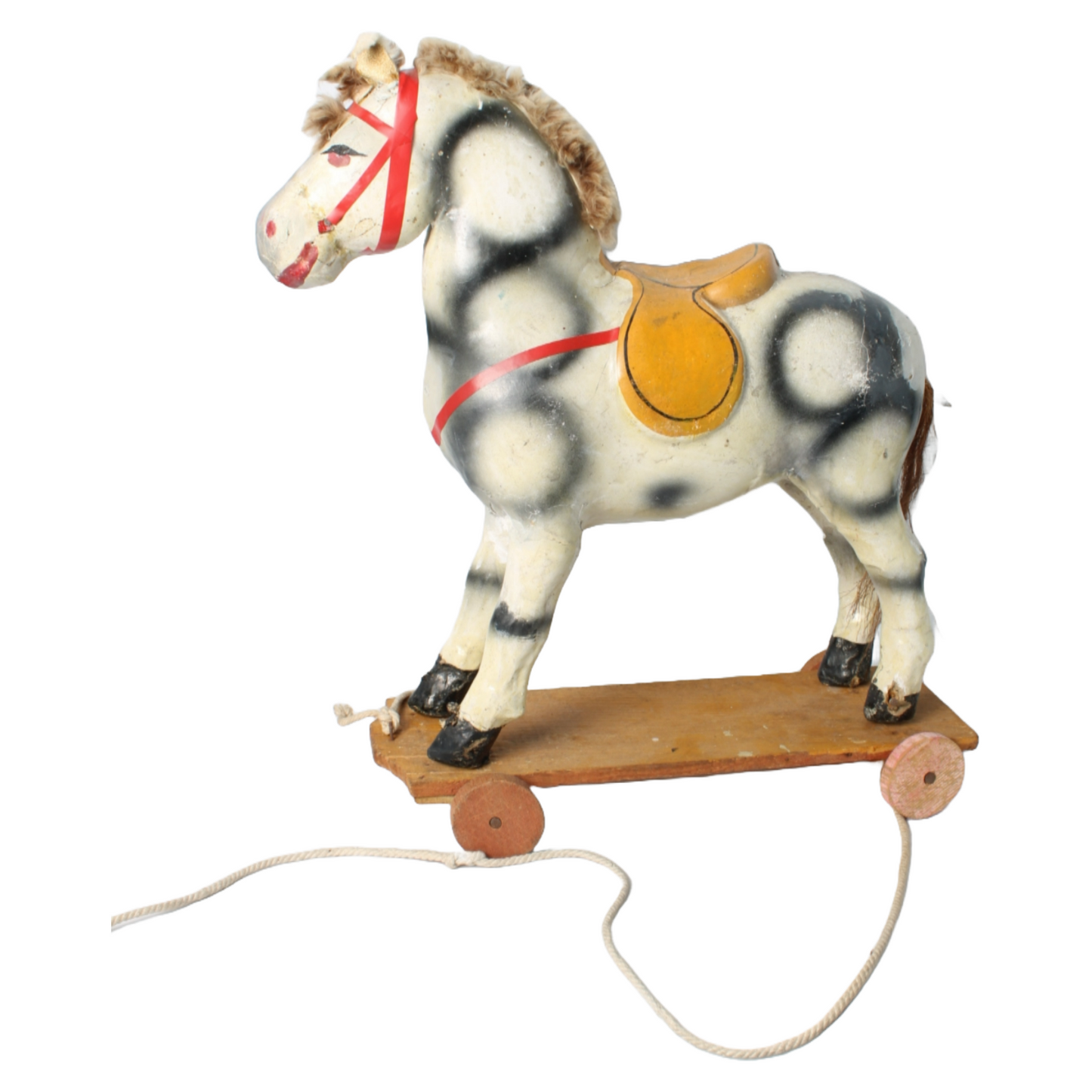 Antique Handcrafted Papier-Mâché Pull Horse on Wheels, French Toy, Circa 1900