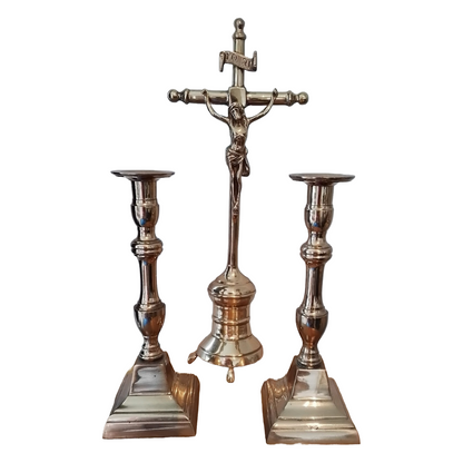 Beautiful Set of 2 Candlesticks and a Crucifix - Belgian Craftsmanship