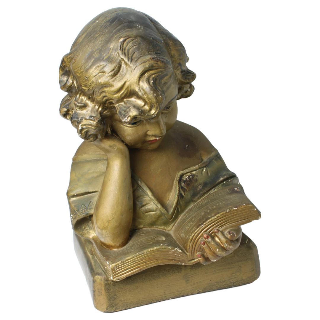 Antique Sculpture of Reading Girl ca. 1920-1940 | Gilded Plaster Composite |